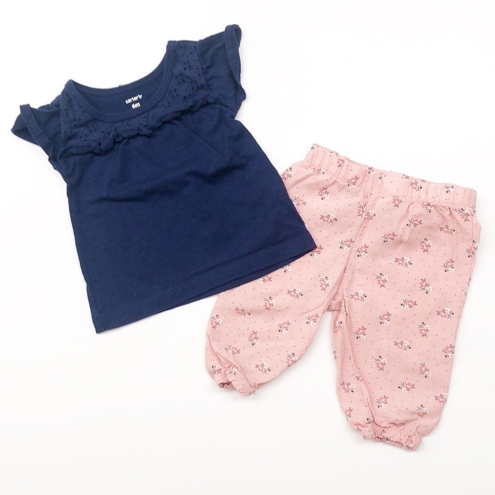 Carter's navy top + pink floral baby pants outfit